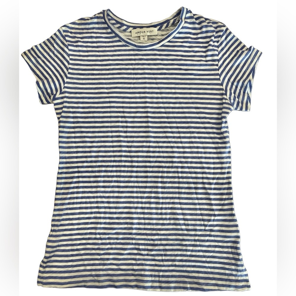 Amour Vert Blue and White Striped Crewneck Tee XS